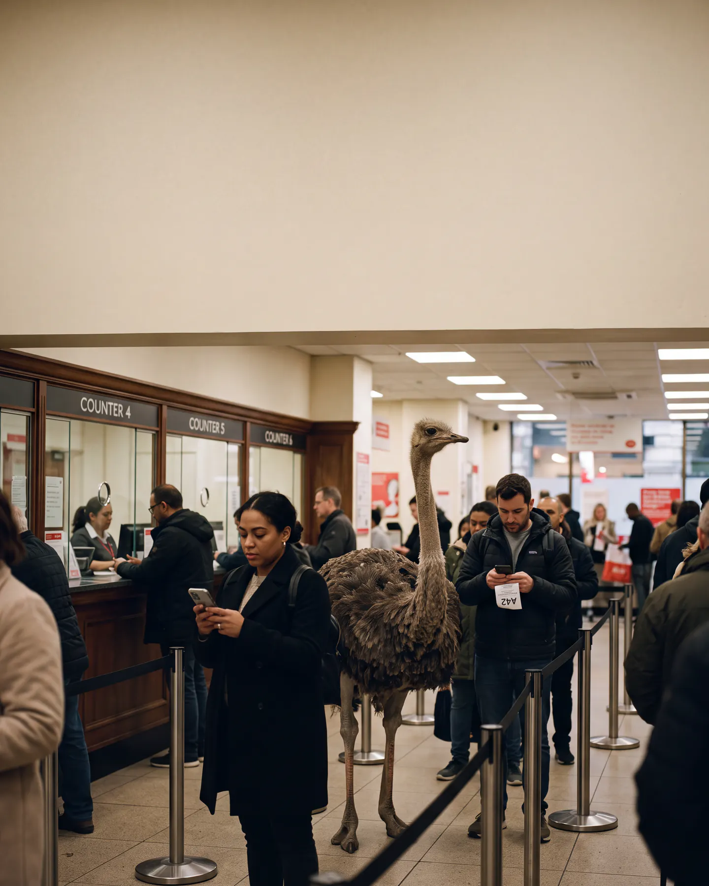 An ostrich waiting patiently in line at a post office, vertical composition