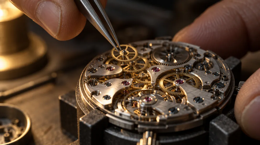Watchmaker lifting a single gear from a mechanical movement with fine tweezers