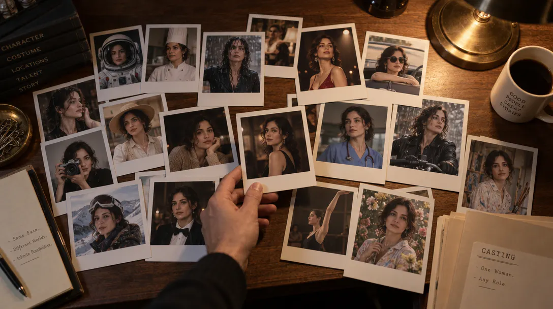 Casting table covered in polaroid photos showing the same person in different costumes