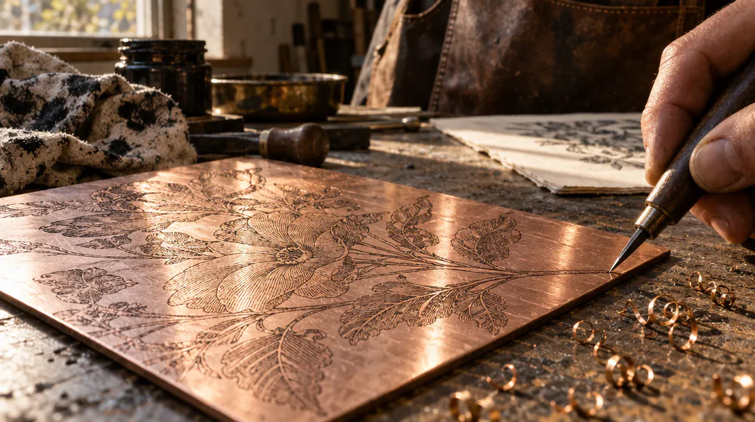 Copper engraving plate with botanical illustration being cut by a burin