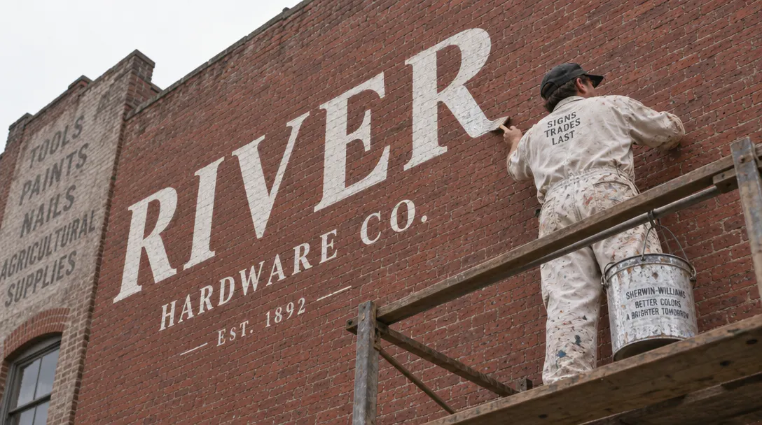 Sign painter brush-lettering a serif capital R onto a red brick wall
