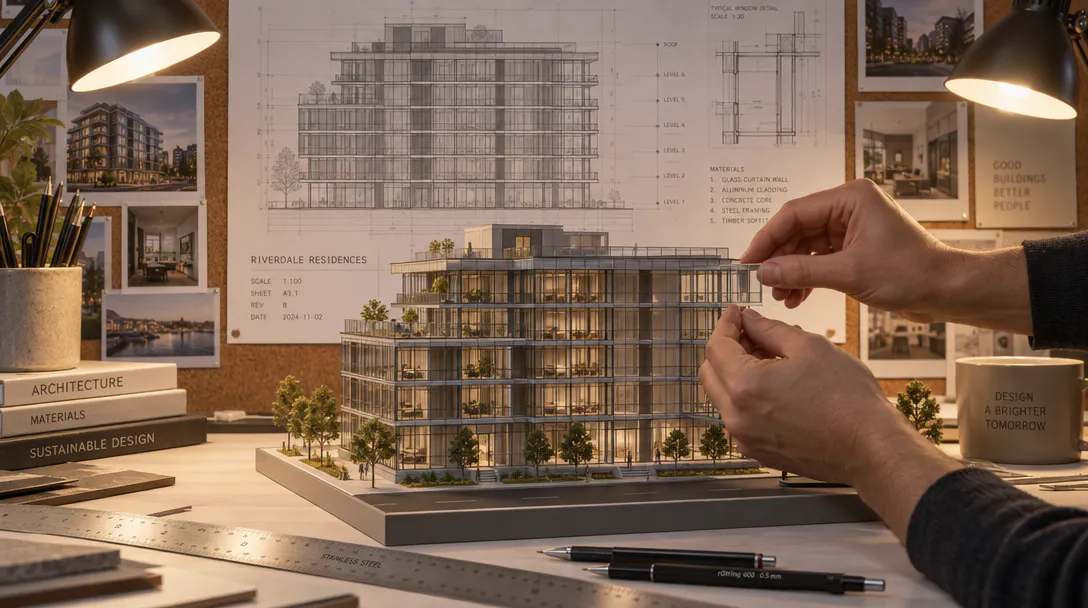 Architect placing a miniature window onto an architectural model matching a blueprint