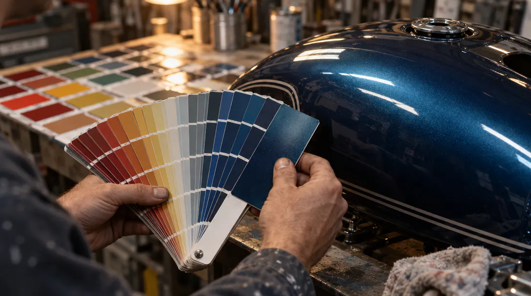 Paint technician matching a fan of dozens of color chips against a freshly sprayed motorcycle tank