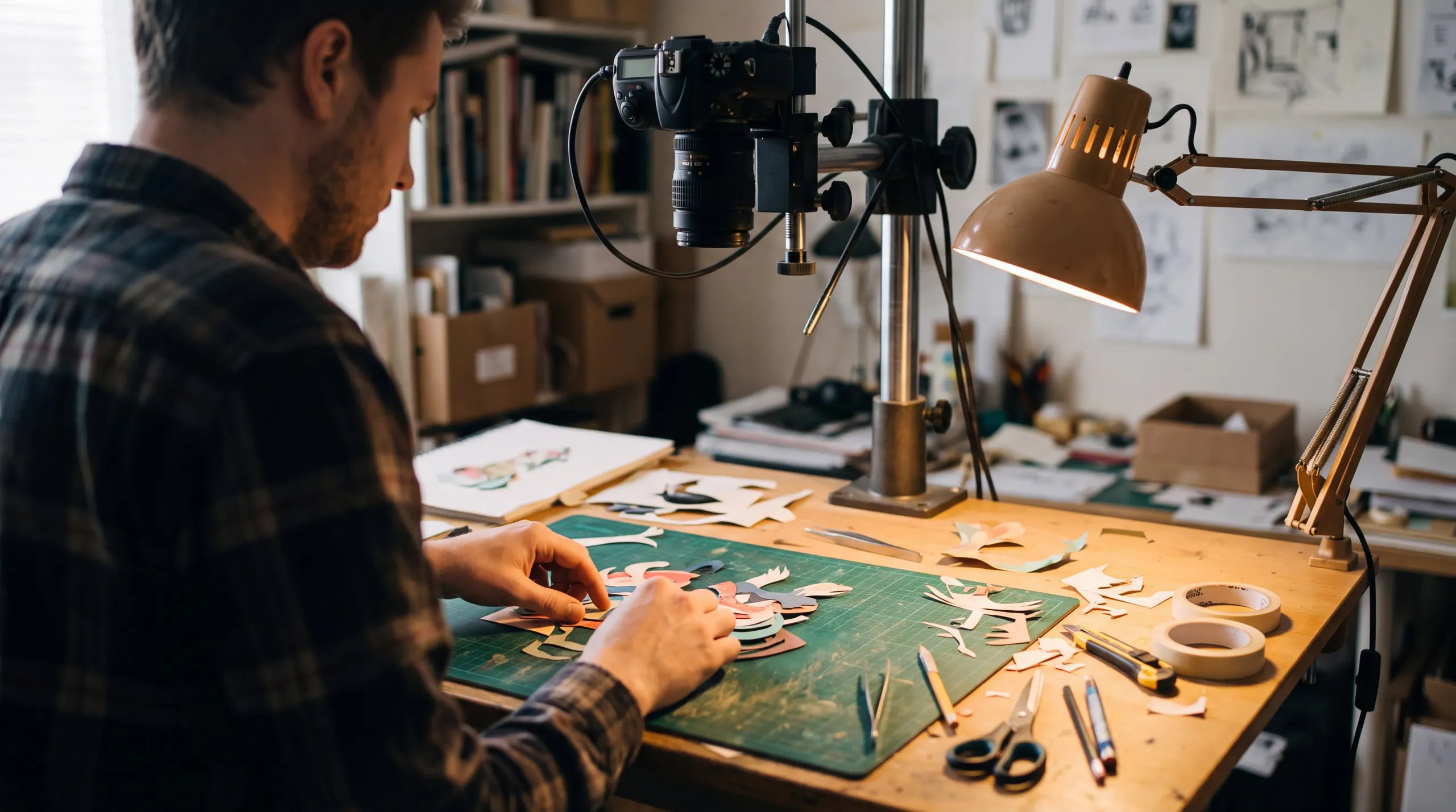 A motion designer cutting paper shapes under a studio lamp