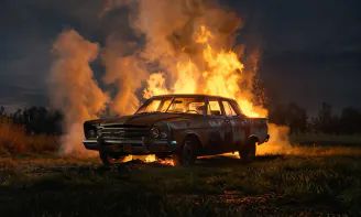 Wide shot of a burning vintage car in a field with smoke rising and woodland behind, cinematic realism, night lighting