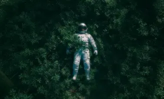 Top-down shot of an astronaut lying in forest grass surrounded by tall trees, cinematic stillness, soft filtered sunlight