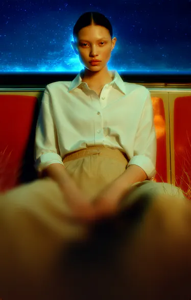 A young East Asian woman with a slender build is seated in the center of the frame, legs spread wide, in a surreal and ethereal mood, blending urban interior with natural elements under a celestial backdrop.