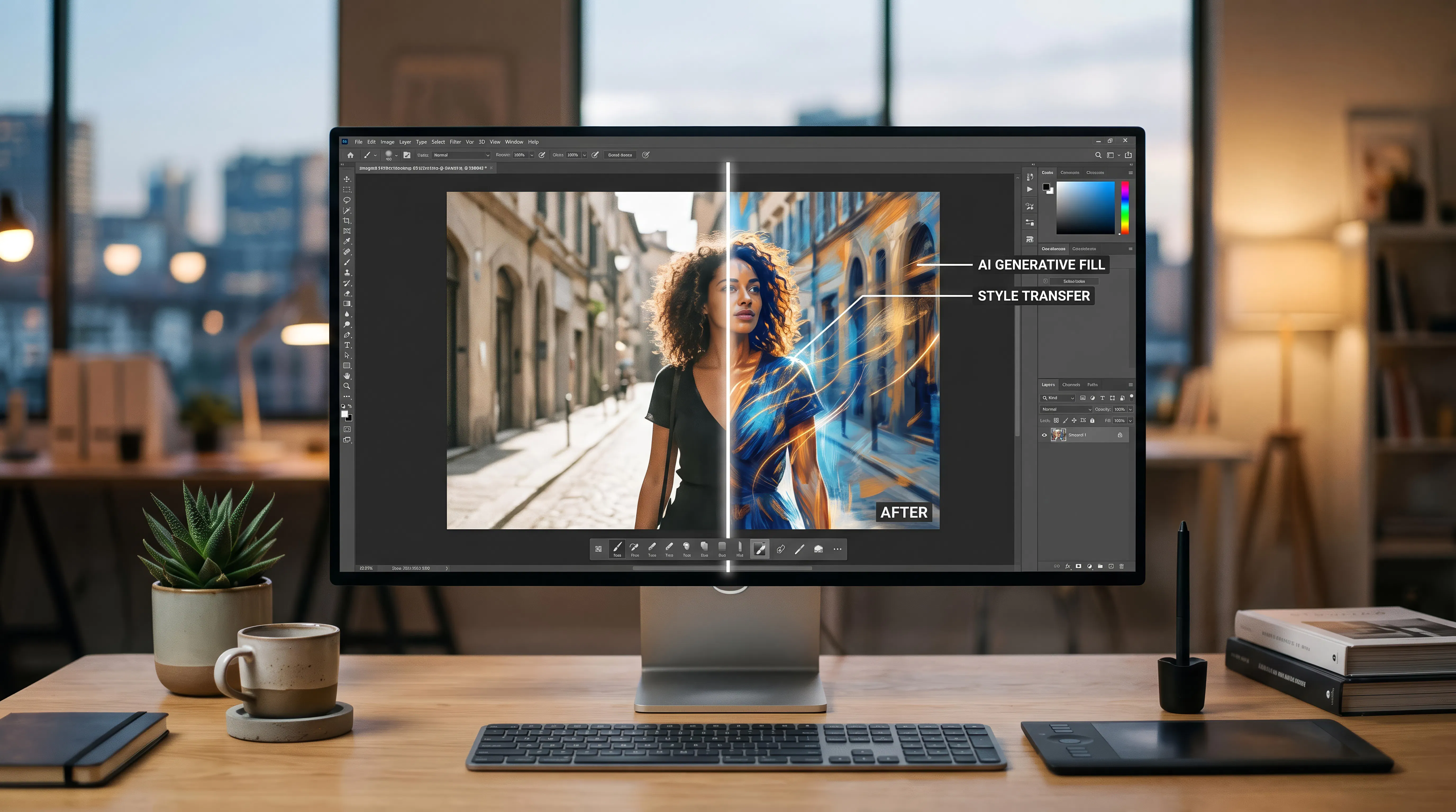 AI image editor before and after comparison — generative fill and style transfer on a portrait