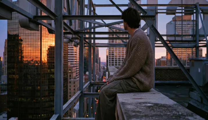 man on building with sunset